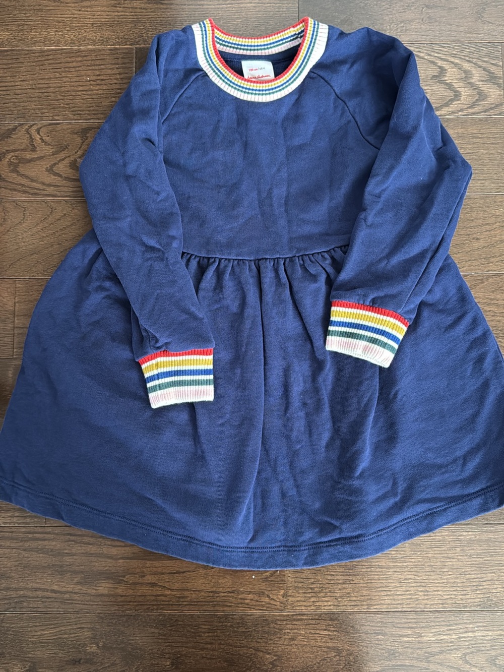Girls Navy Long-Sleeve Dress with Rainbow Trim